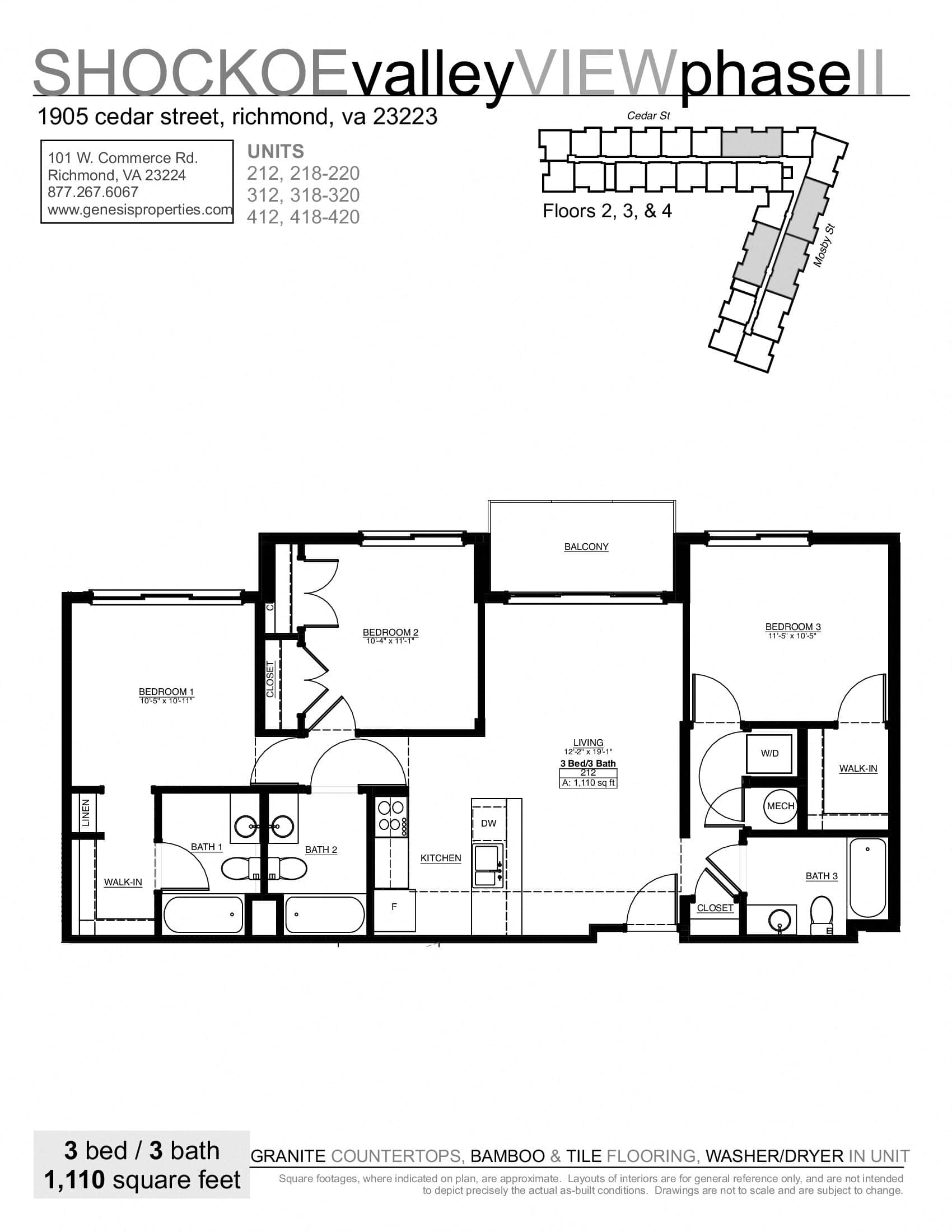 Floor plan for 3 beds, 3 baths, 1180 sqft